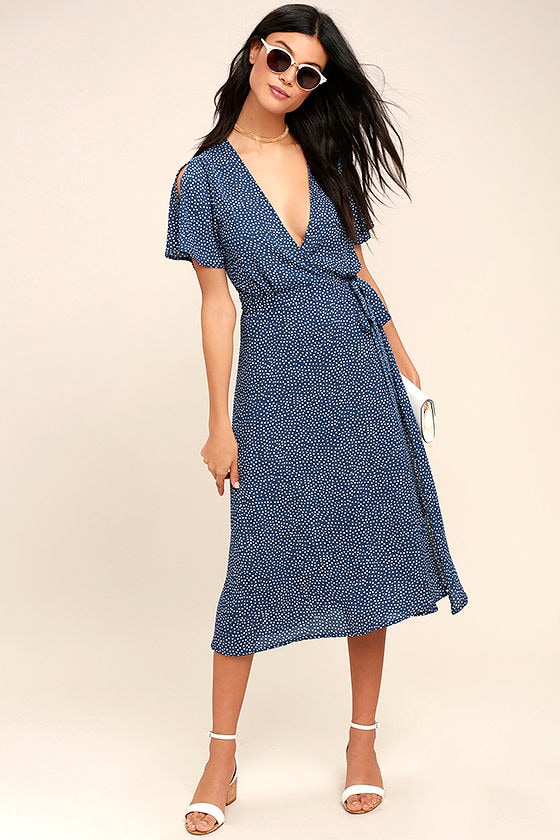 Cute Navy Blue Polka Dot Dress - Wrap Dress - Midi Dress - $84.00 - Lulus